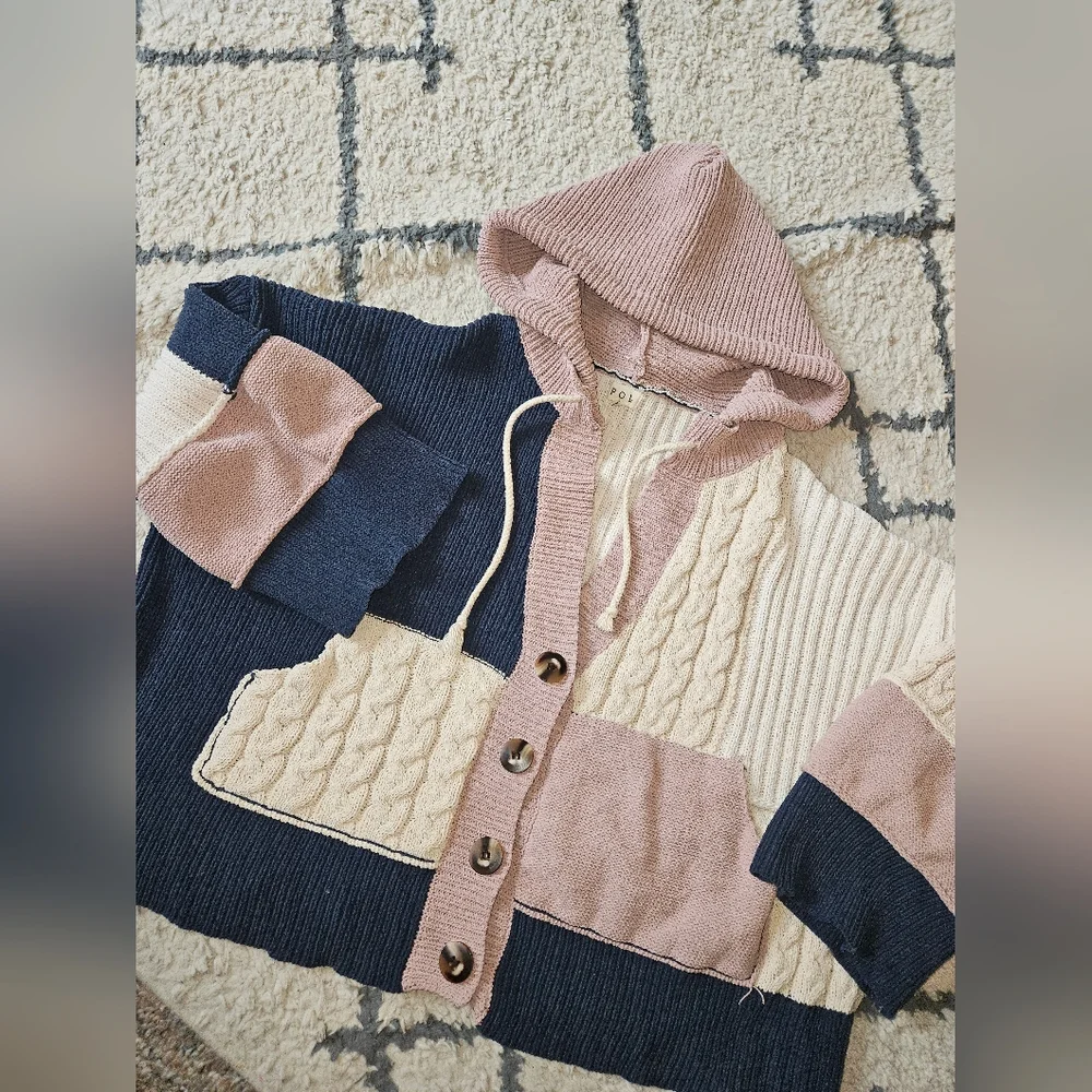 POL Slouchy Mixed Media Cardigan With Hood Medium - Picture 5 of 6